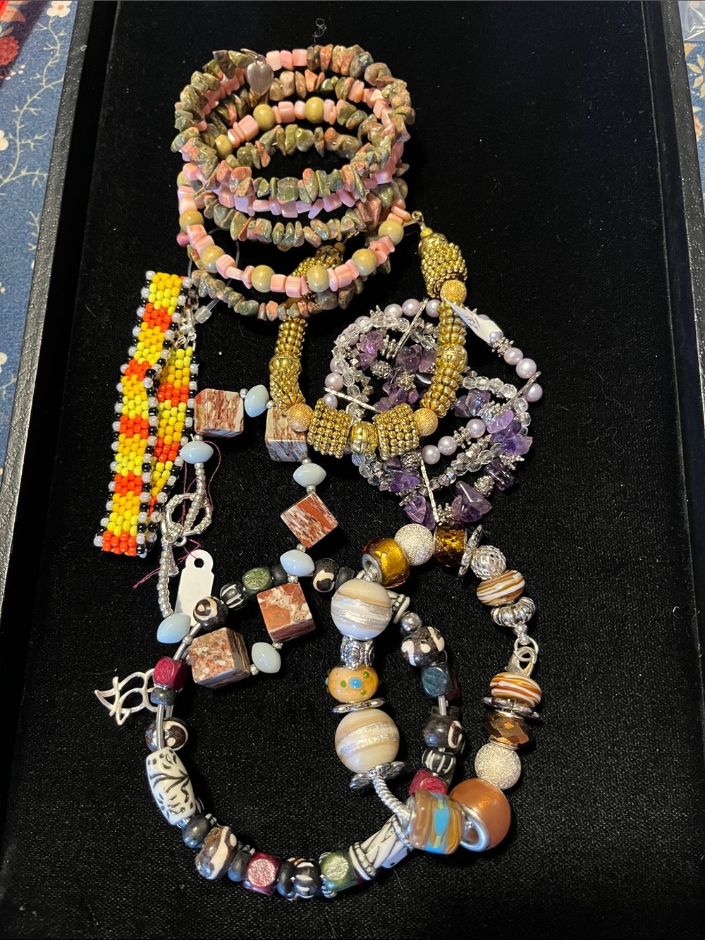 Assorted Women's Beaded Bracelets - Pink, Green, Purple, Yellow, Black Mix
